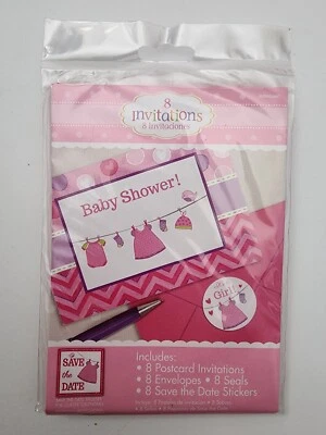 Baby Shower! Ropa Niñas Colgando 8 Invitaciones Postales con Sellos Rosa Foto 1 de 4