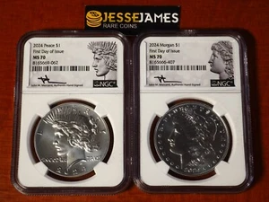 2024 SILVER PEACE & MORGAN DOLLAR NGC MS70 FIRST DAY ISSUE JOHN MERCANTI SIGNED - Picture 1 of 6