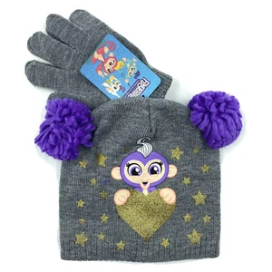 Fingerlings Monkey Hat & Glove Set Gray Purple Pom Pom Youth One Size NEW - Picture 1 of 5
