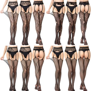 Womens Stocking Tights Plus Fishnet Size Low-Rise Pantyhose Sexy Lace Suspender - Picture 1 of 43