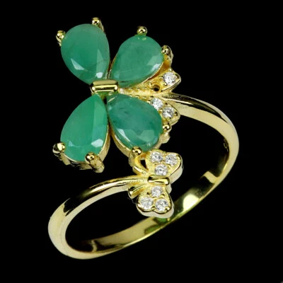 Summer 925 Silver Ring Pear Emerald 6x4mm Gemstone Jewelry Butterfly Size 6.5 - Image 1 of 4