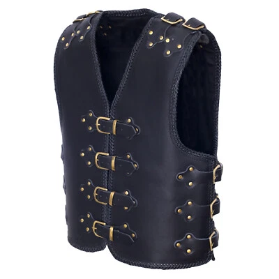 Mens Motorcycle Motorbike HeavyDuty 4mm Gold Buckle Leather Vest Biker — 第 1/4 张图片