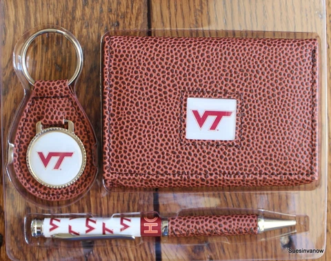 Virginia Tech Football  NCCA Brown Tri-Fold Wallet keyring Pen Gift Set Cover