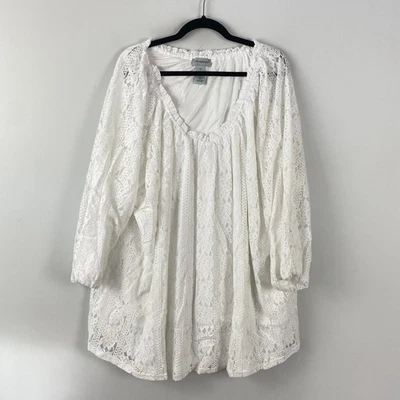 Blusa campesina de encaje elástico Catherines talla 5X blanca mangas 3/4 forrada Foto 1 de 4