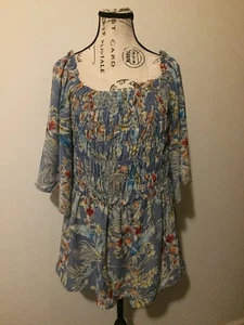 Chenault Women's Blue Floral Print Square Neck Puff Sleeve Blouse Top Size 1X - Picture 1 of 5