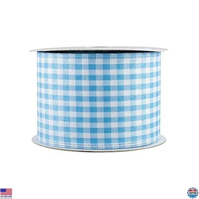 Baby Blue Gingham Wired Ribbon - 2.5" x 10 Yards for Spring, Weddings & Decor - Image 1 of 2