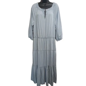 Lauren Ralph Lauren Dress Size 14 Blue Denim Cottagecore Peasant Tiered Ruffle - Picture 1 of 13