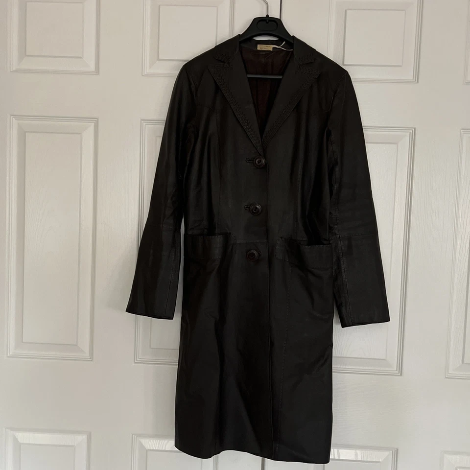 复古 Max Studio 经典深棕色真皮风衣带丝绸衬里 — 第 1/4 张图片