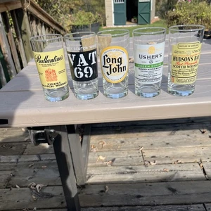 bar glasses set vintage 5 Scotch Hudson’s Bay VAT 69 Long John’s Ballantines + - Picture 1 of 7