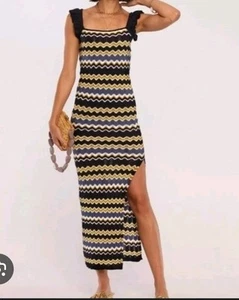 Heartloom Bennet Maxi Dress Navy Wave Chevron Pattern Ruffle Straps XSmall - Picture 1 of 9