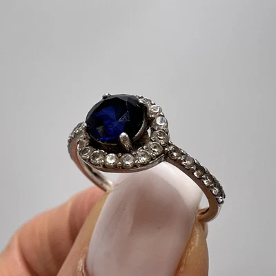 Anello aureola argento sterling 925 zaffiro blu zirconi pietre accento misura... - Immagine 1 di 4