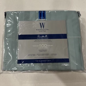 Wamsutta 100% Pima cotton, 500 Thread Ct., Damask Stripe, Twin Sheet Set Aqua - Picture 1 of 2
