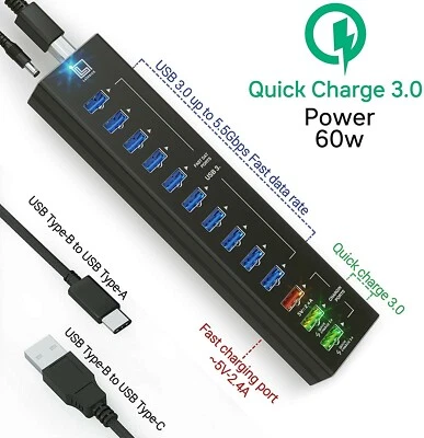 13-Port Aluminum USB 3.0 Hub  10 USB 3.0 Ports, 2 IQ Quick Charge 3.0 Ports 2.4A - Image 1 of 4