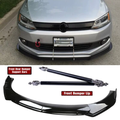 Gloss Black Front Bumper Lip Spoiler + Strut Rod For Volkswagen Polo Mk5 MK6 MK7 Foto 1 de 4