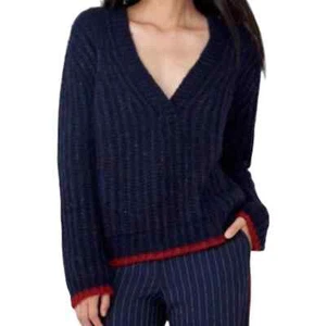 La Ligne Women's Navy Blue Alpaca Wool Blend Fuzzy Wuzzy V-Neck Sweater XS NEW - Picture 1 of 8