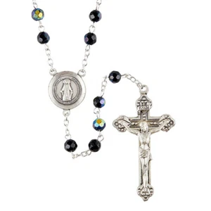 Jet Black Glass Bead Prague Rosary -Gift Box- 20 3/4"- Miraculous Medal(J7412) - Picture 1 of 1