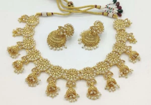 Indian Bollywood Golden Bridal Enameled Wedding Jhumka Necklace Set With Jhumka - Picture 1 of 1