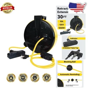 Industrial 30 Ft Cord Reel with Auto Rewind & 3 Outlets - Wall or Ceiling Mount - Picture 1 of 8