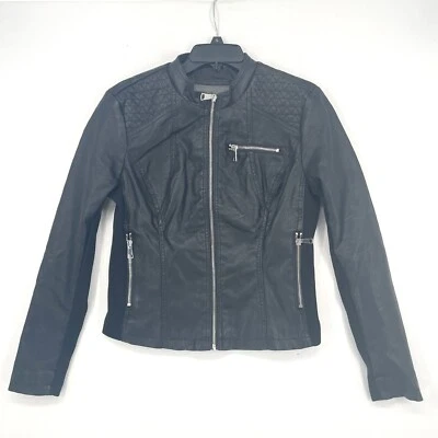 CI SONO By CAVALINI Black Faux Vegan Leather Moto Jacket Size Large Fabric Panel - Image 1 of 4