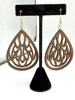Pendientes Boho Perforados Colgantes Lágrima Madera Corte Láser Marrón Foto 1 de 4