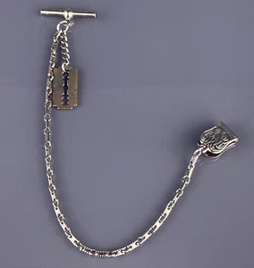 Single Albert Pocket Watch Chain Razor Fob Silver Tone Square Mariner VTG - Picture 1 of 6