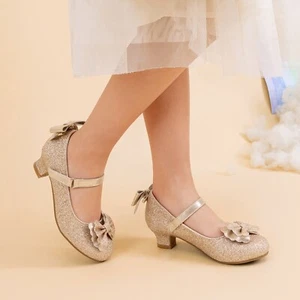 Girls Dress Pumps 1.3inch Low Heel Dance Shoes Bow Glitter Wedding Party Shoes - Picture 1 of 16