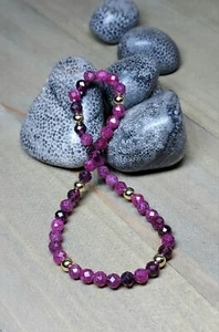 Natural Ruby Bracelet With Garnet Stretch Pink Gem Beaded Faceted Dainty 7" - Picture 1 of 10