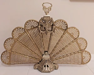 Vintage Folding Fireplace Screen Ornate Brass Peacock Fan Art Deco Cameo - Picture 1 of 18