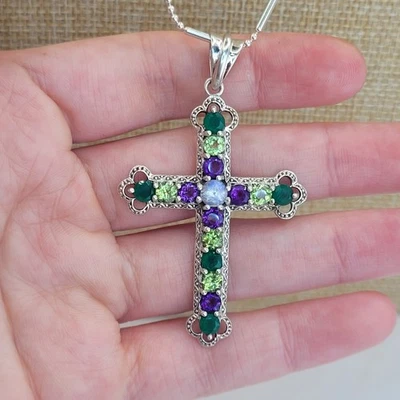 Nicky Butler 925 Sterling Silver Multi-Gemstone Cross Necklace Amethyst Emerald - Image 1 of 4