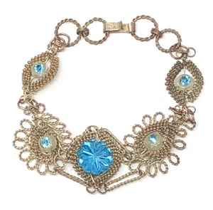 Mexico Bracelet Filigree Cannetille Silesian Scrollwork Blue 7.5 inch - Vintage - Picture 1 of 23