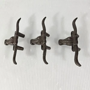 3 Cast Iron, Longhorn Steer Drawer Pulls, Bull Cow Western Rustic Crafts DIY - Picture 1 of 5