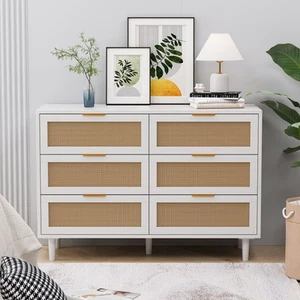 Rattan 6-Drawer Storage Cabinet for Bedroom Living Room White Furniture - Picture 1 of 12