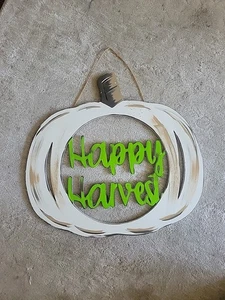 Happy Harvest Wooden Sign Hanging Pumpkin Handmade 18x17" - Picture 1 of 5
