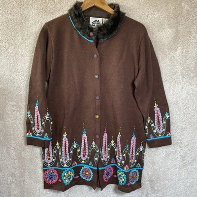 STORYBOOK KNITS Cardigan Sweater Duster 1X Lovely Patterns Brown Fur Beads NWT - Image 1 of 4