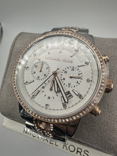 Orologio Cronografo Nuovo con Etichette Michael Kors RITZ Due Toni Oro Rosa Argento Glitz MK6938