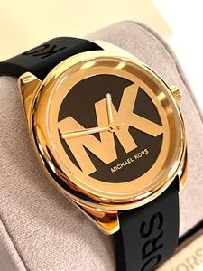 MICHAEL KORS MK7313 Janelle Womens Gold-Tone/Black Silicone Strap Watch BNWT/Box - Picture 1 of 7