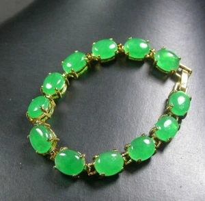 Fashion Genuine Green Jade Cabochon Beads 18KGP Link Clasp Bangle Bracelet - Picture 1 of 7