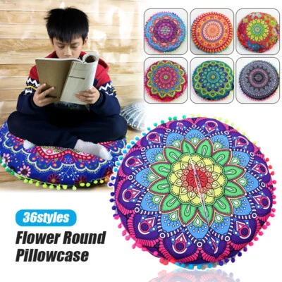 Indian Mandala Round Pillow Case Bohemian Meditation Floor Pouf Cushion Cover - Image 1 of 4