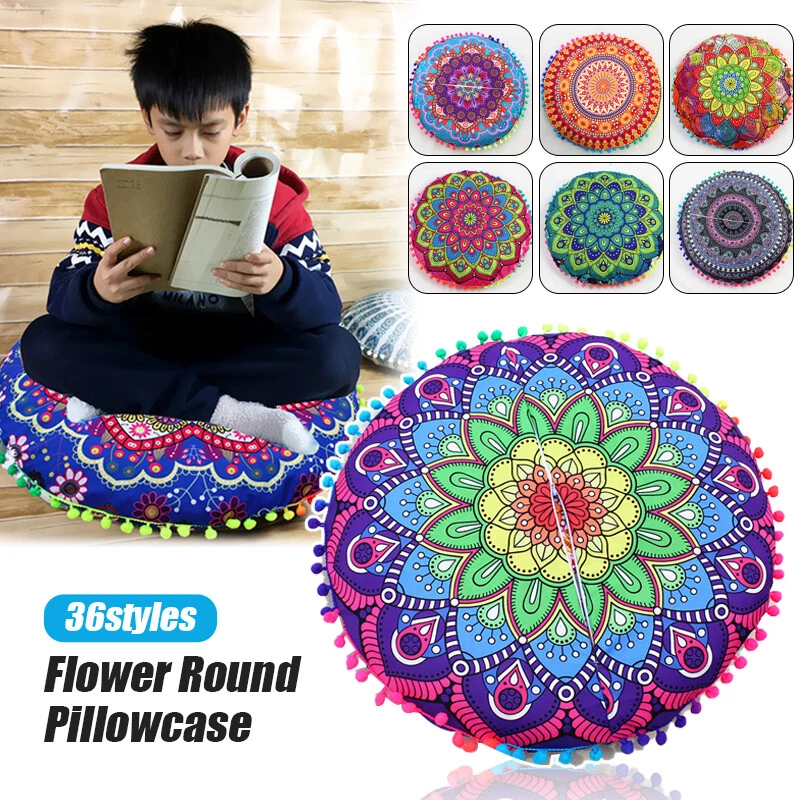 Indian Mandala Round Pillow Case Bohemian Meditation Floor Pouf Cushion Cover - Image 1 of 4