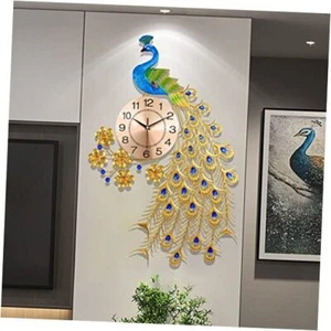Large Peacock Wall Clock for Living Room Decor,Mid 31.5*25.6 inch Gold&blue - Picture 1 of 8