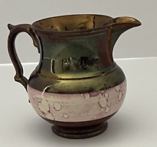 Copper Luster Ceramic Pitcher Hand Painted Lovely Pink Band Around the Center
