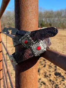Lucky & Blessed Girl’s Genuine Leather Belt, Brown with Red Conchos - Picture 1 of 17
