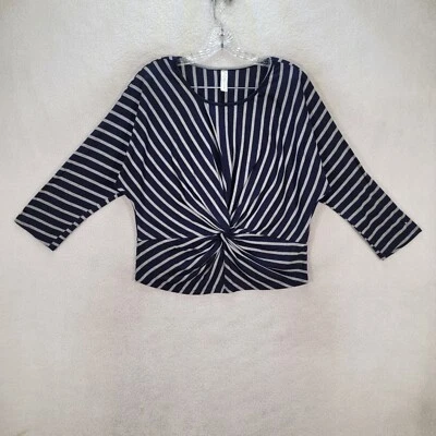 PerSeption Concept Navy Striped Twisted Boat Neck Casual Top Women Blouse Size L - Image 1 of 4