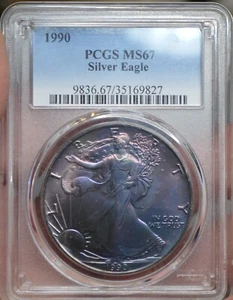 MS67 1990 American Silver Eagle PCGS Beautiful Complete Obverse Plum Coverage! - Picture 1 of 2