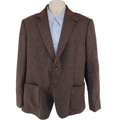 PJ Paul Jones 人字形西装外套针织领羊毛混纺运动外套棕色男式 L — 第 1/4 张图片