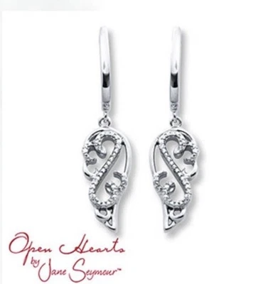 Jane Seymour Open Hearts Diamond Angel WING 925 SS Dangle EARRINGS MRP-$199 - Image 1 of 4
