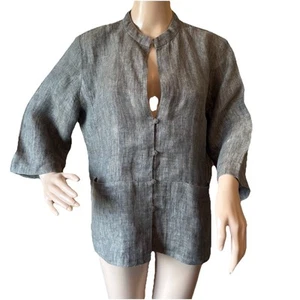 Eileen Fisher Womens Jacket Top  P L Green Gray Linen Lagenlook Boxy - Picture 1 of 23