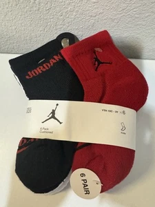 6 Pk Boys Jordan Unisex Red White Black Ankle Socks Size 10c-3y -new - Picture 1 of 6