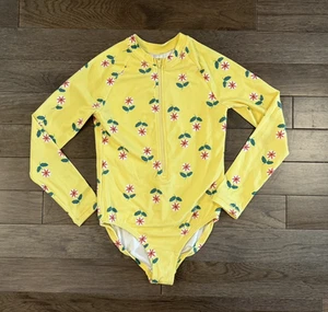 Girl's HANNA ANDERSSON Yellow Floral One Piece Zip Swimsuit Size EU 130 US 8 - Picture 1 of 4