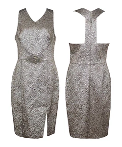 THEIA 10 Jacquard Dress Textured Champagne Metallic Beaded Waist Side Slit - Picture 1 of 7